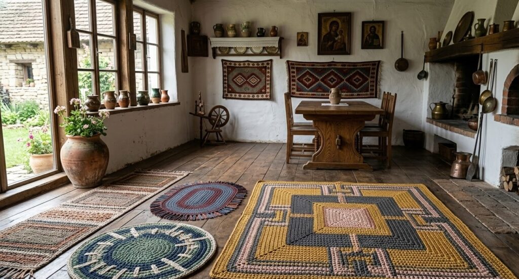 Heklani tepisi i staze u enterijeru stare srpske seoske kuće, sa tradicionalnim nameštajem